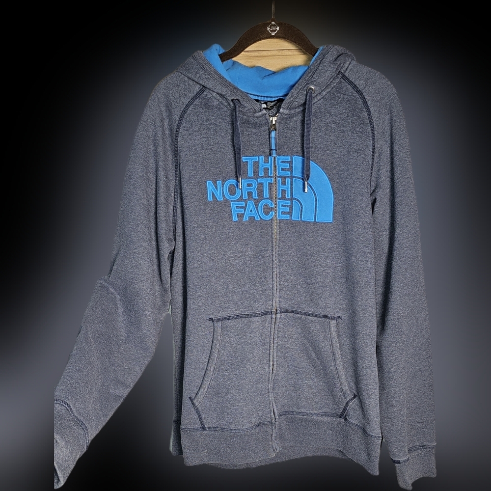 North Face Gray and Blue Hoodie Zip Up, Front Pockets, Mens LG - Picture 3 of 9